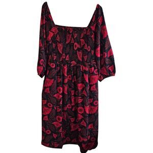 Latino Heritage Month Dress Womens Size XL Red Black Long Sleeve Midi Smocked